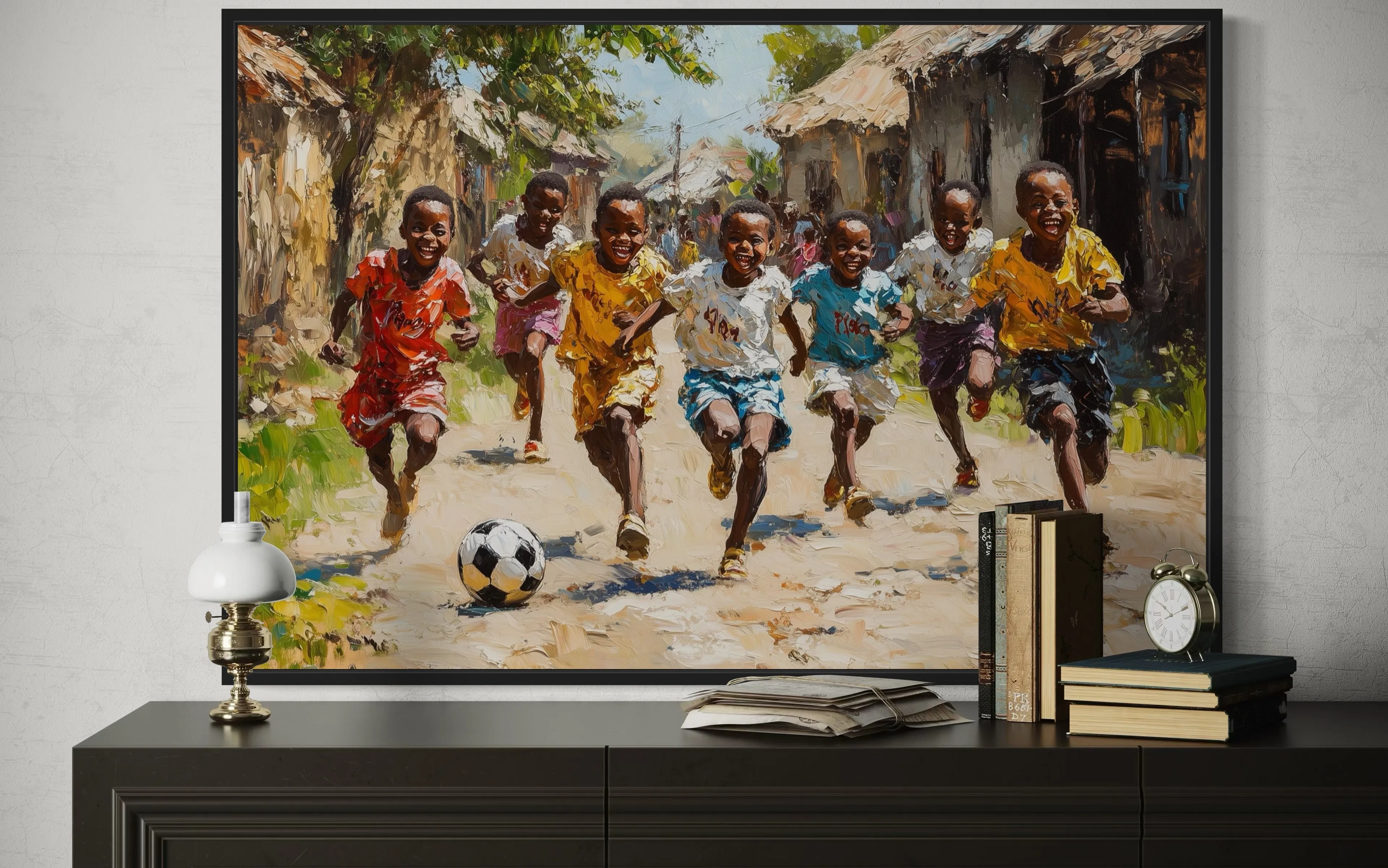 African Children Playing Soccer Framed Canvas Wall Art