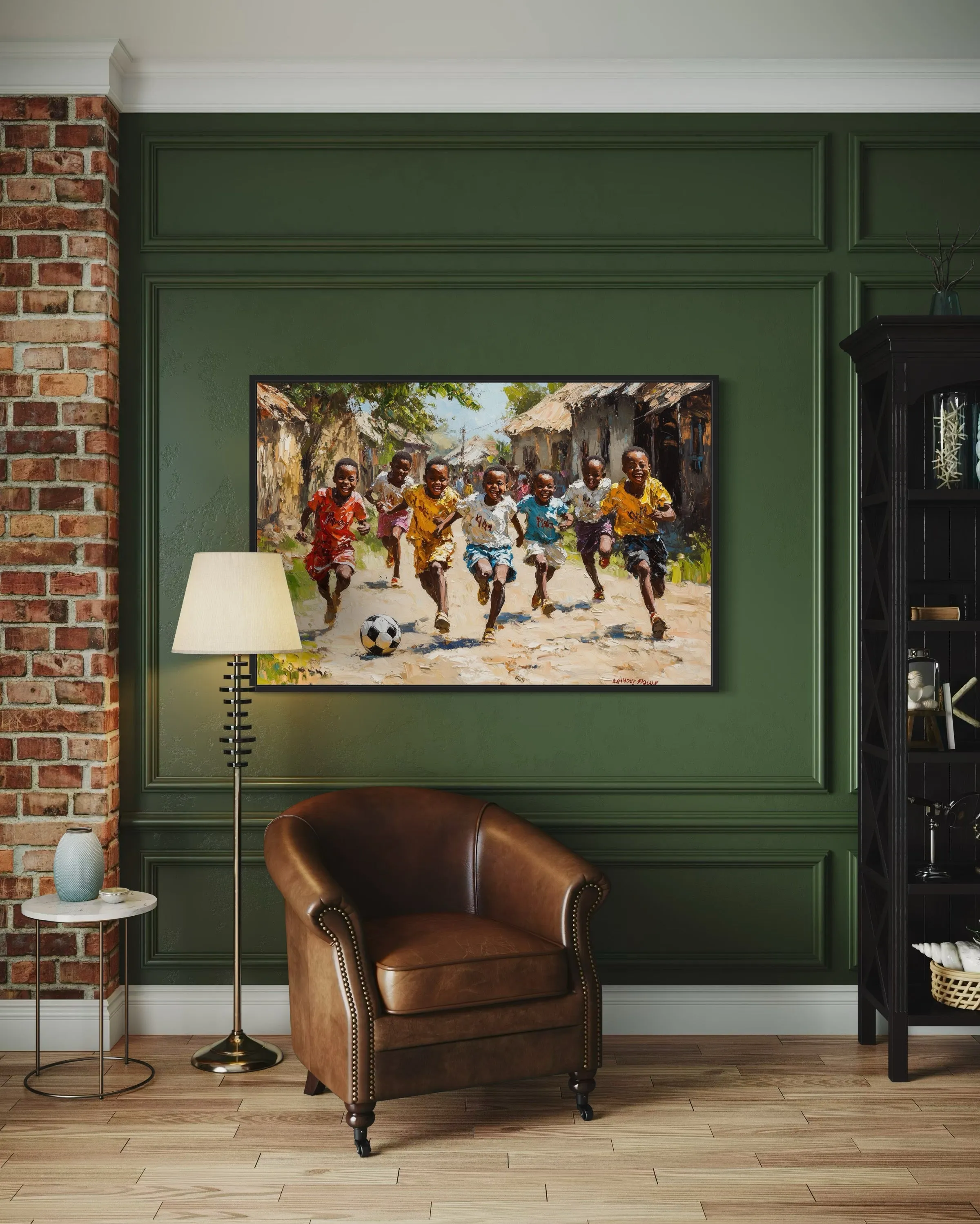 African Children Playing Soccer Framed Canvas Wall Art