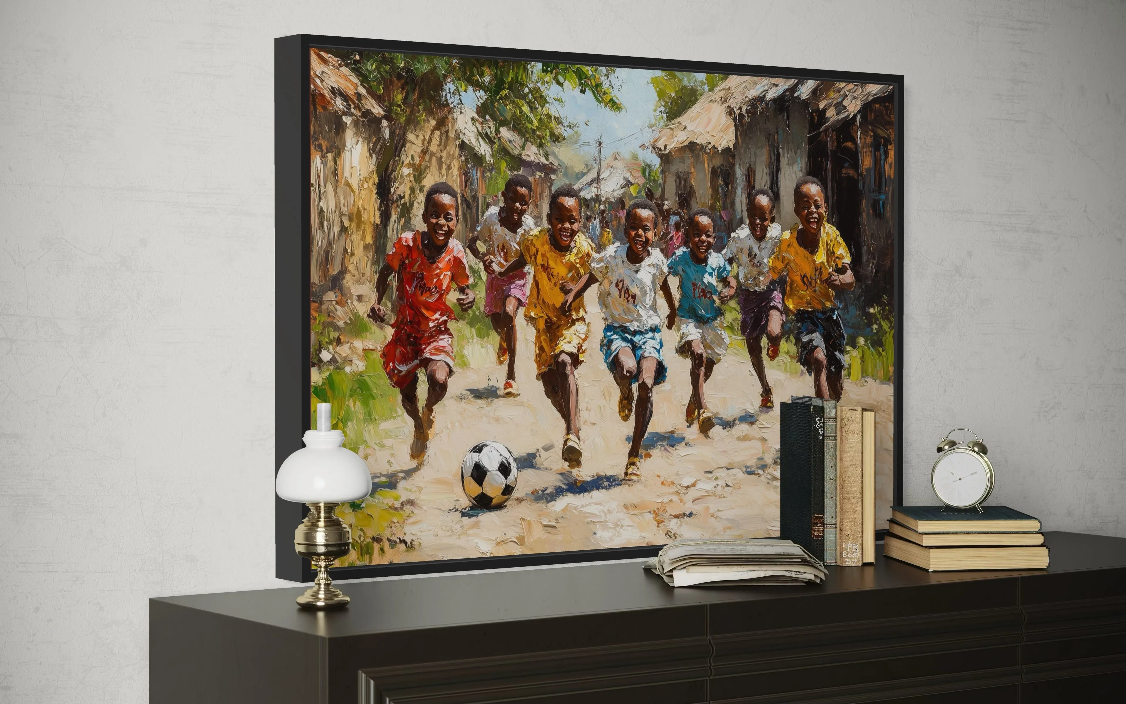 African Children Playing Soccer Framed Canvas Wall Art