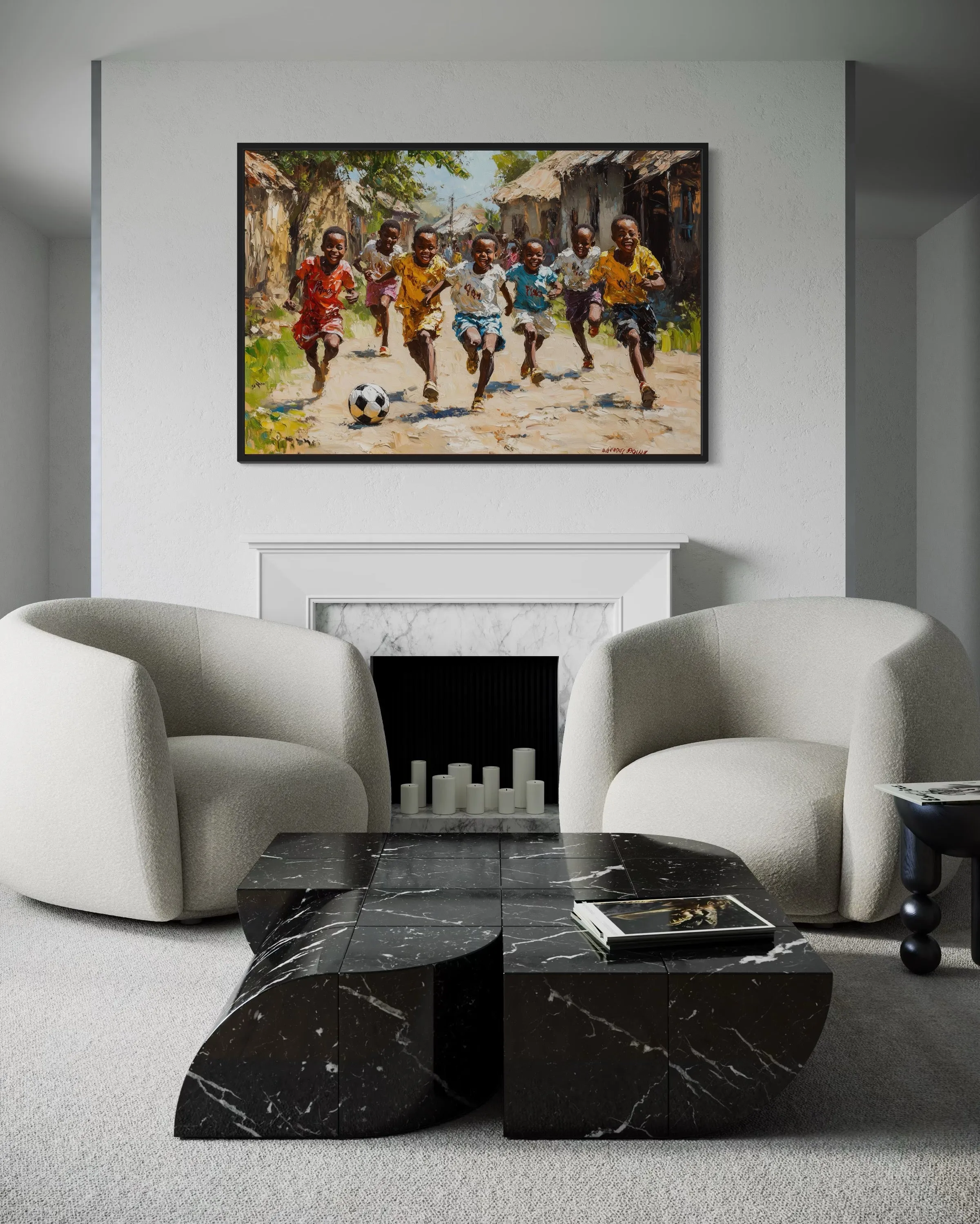 African Children Playing Soccer Framed Canvas Wall Art
