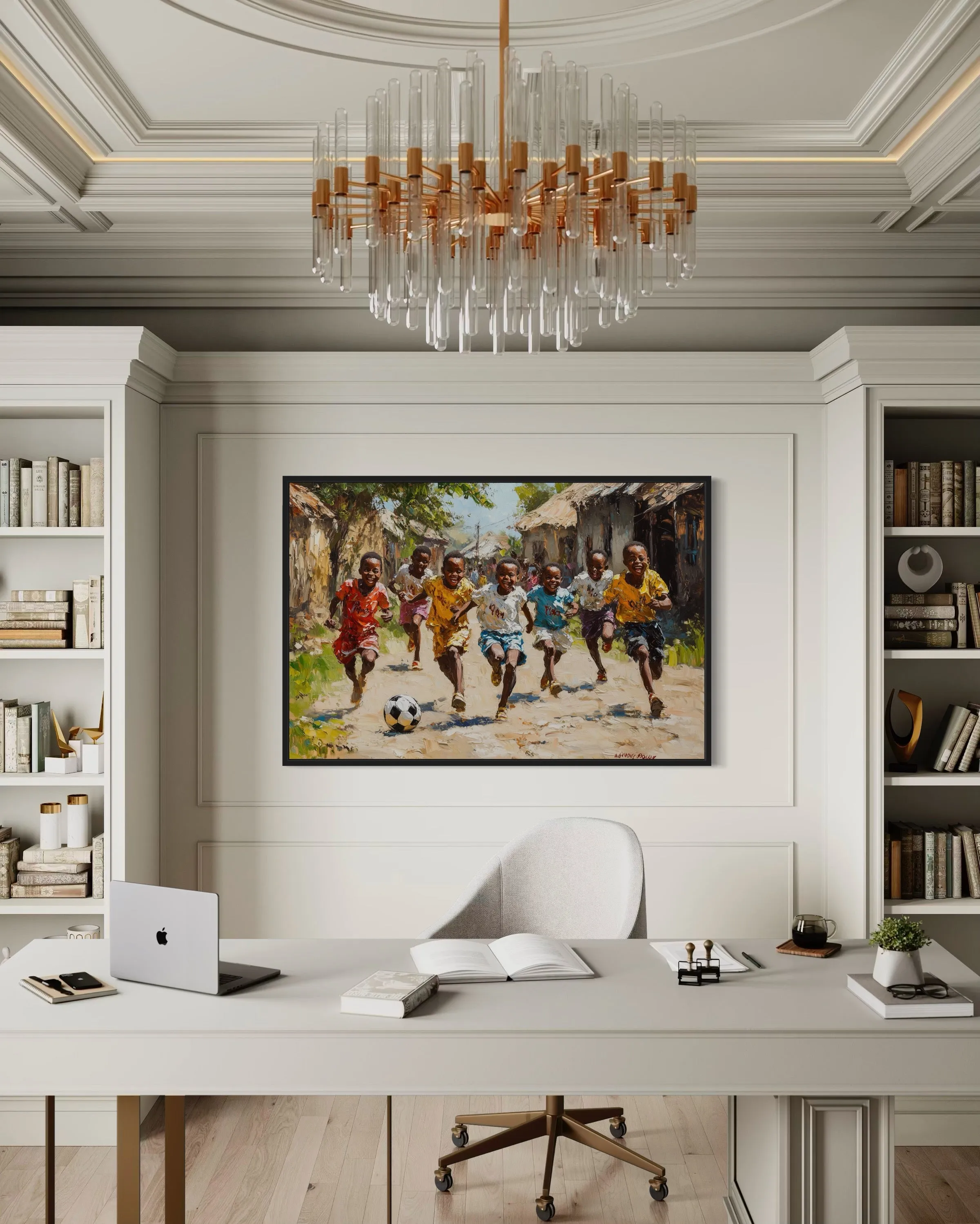 African Children Playing Soccer Framed Canvas Wall Art