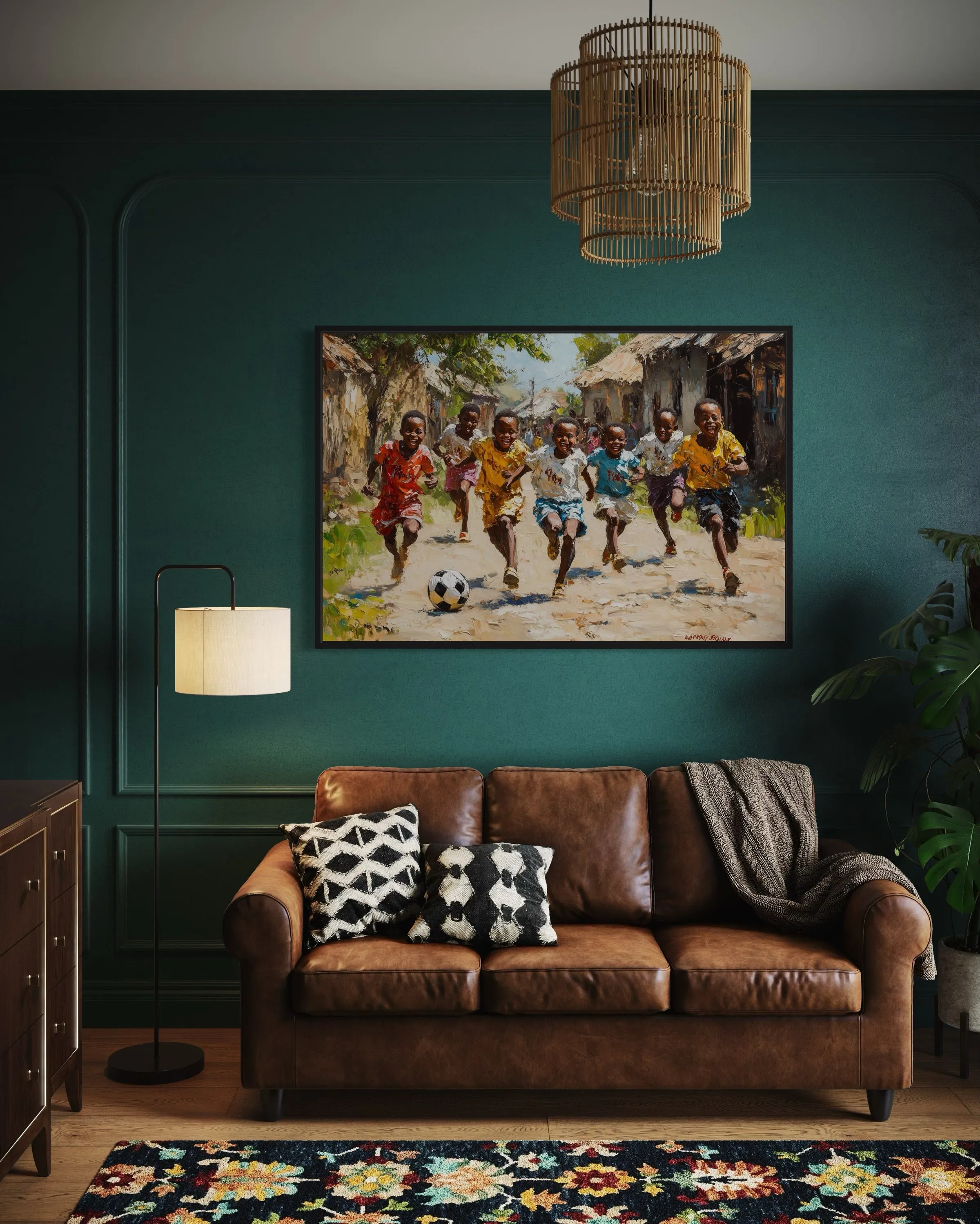 African Children Playing Soccer Framed Canvas Wall Art
