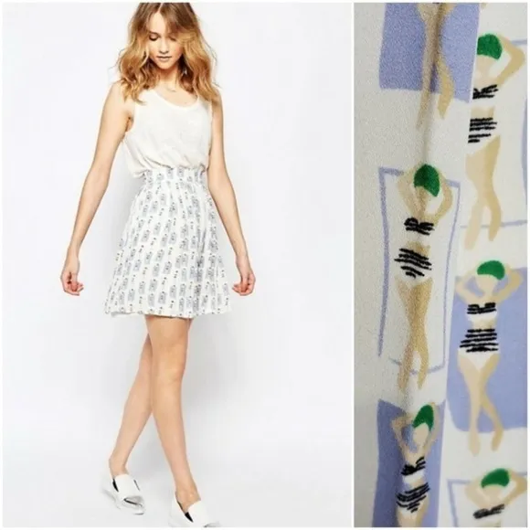Anthropologie Harlyn Bathing Beauties Printed A Line Pleated Skirt Size Large