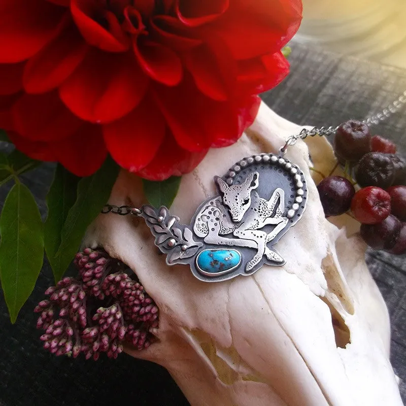 Baby Deer Necklace - Bambi Sleeping Beauty Turquoise Necklace