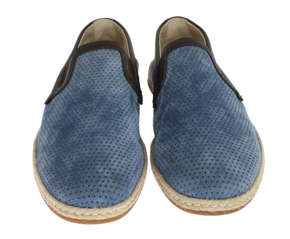 Blue Leather Breathable Holes Loafers