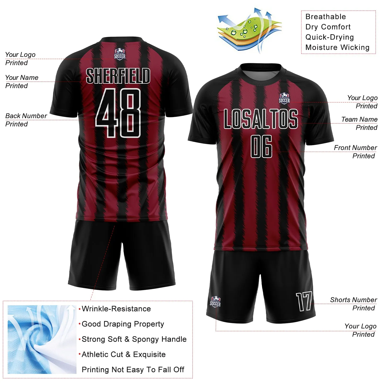 Custom Black Crimson-White Line Sublimation Soccer Uniform Jersey
