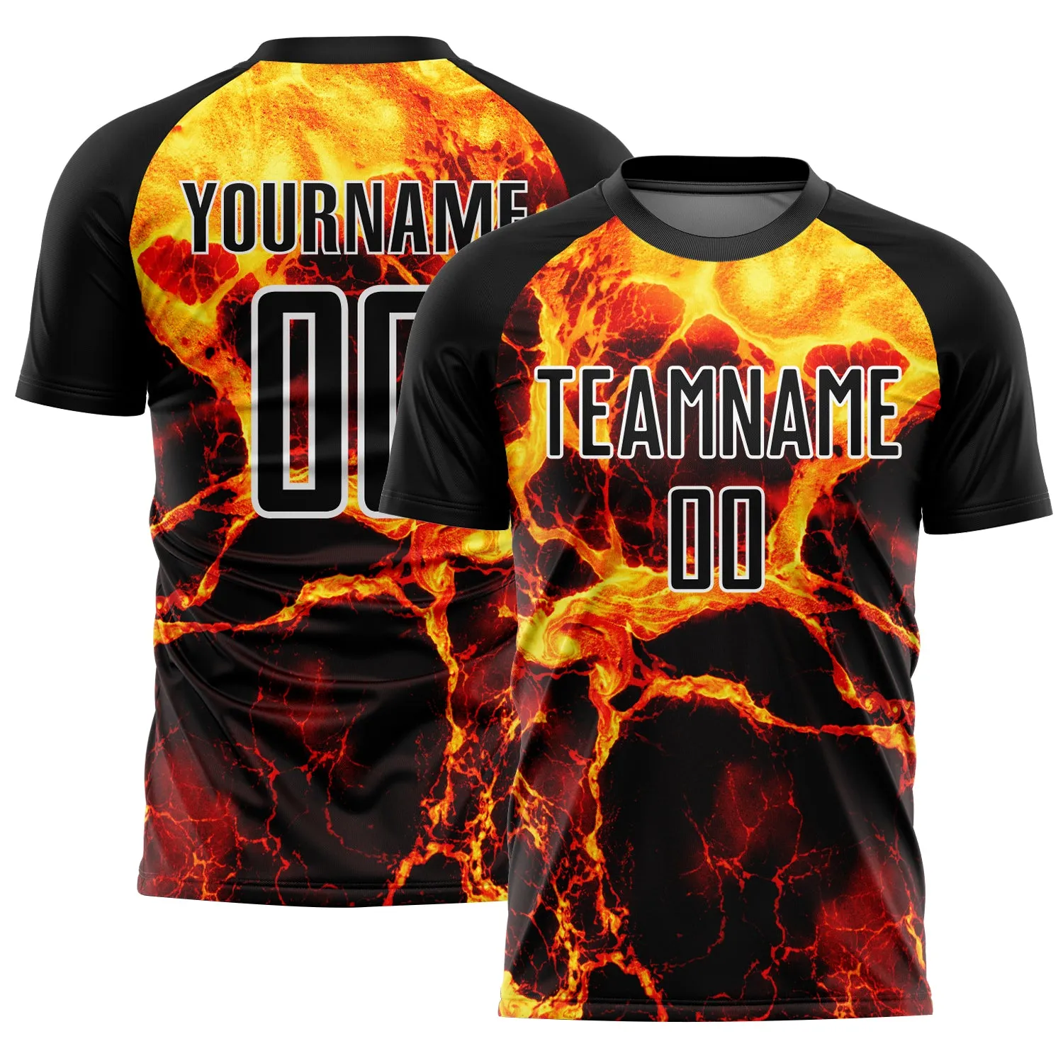 Custom Black Gold-White Flame Sublimation Soccer Uniform Jersey