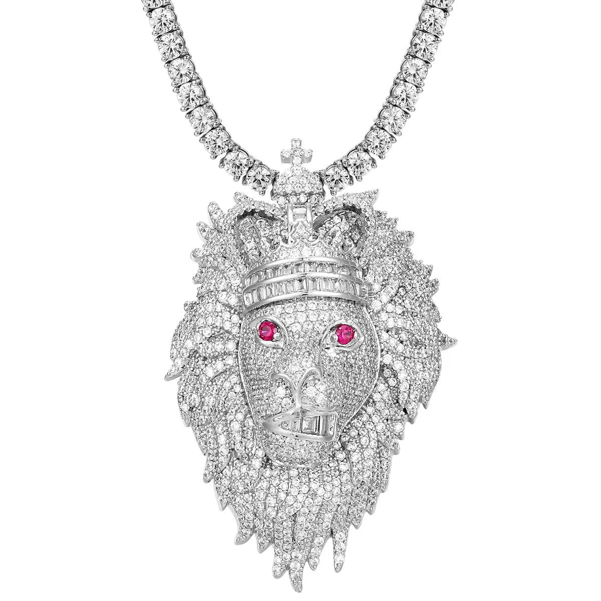 Custom Icy Lion Animal Face King Crown Created Ruby Eye Pendant