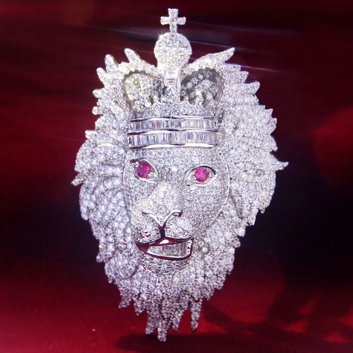 Custom Icy Lion Animal Face King Crown Created Ruby Eye Pendant