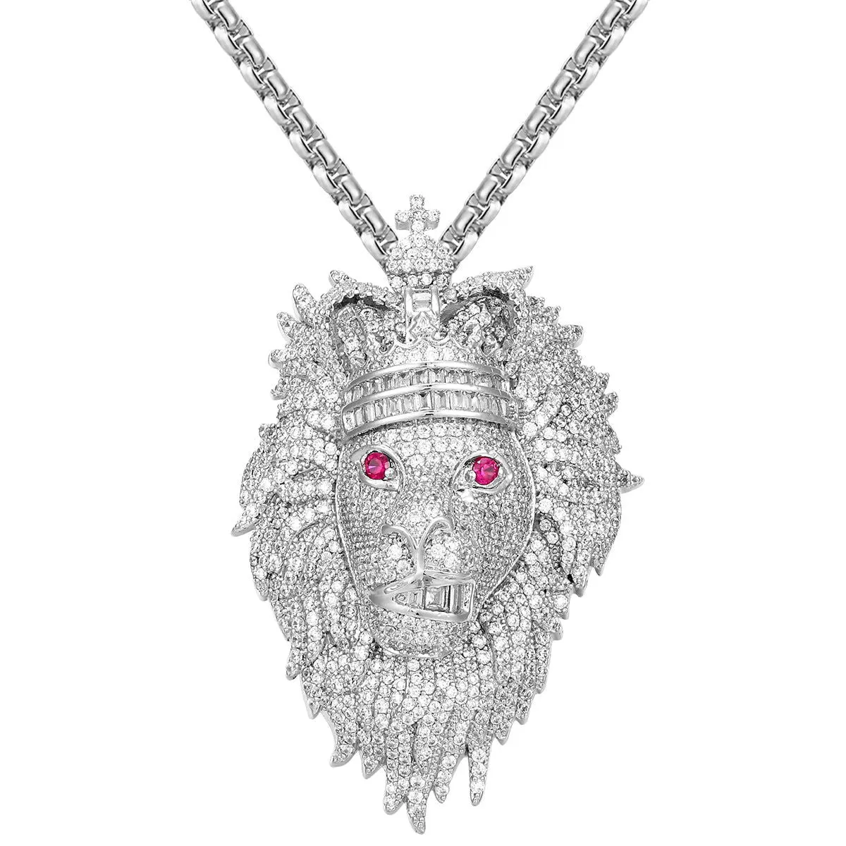 Custom Icy Lion Animal Face King Crown Created Ruby Eye Pendant