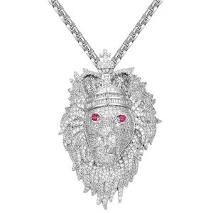 Custom Icy Lion Animal Face King Crown Created Ruby Eye Pendant