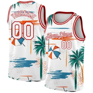 Custom White Red 3D Pattern Tropical Beach Hawaii Palm Trees Authentic Basketball Jersey