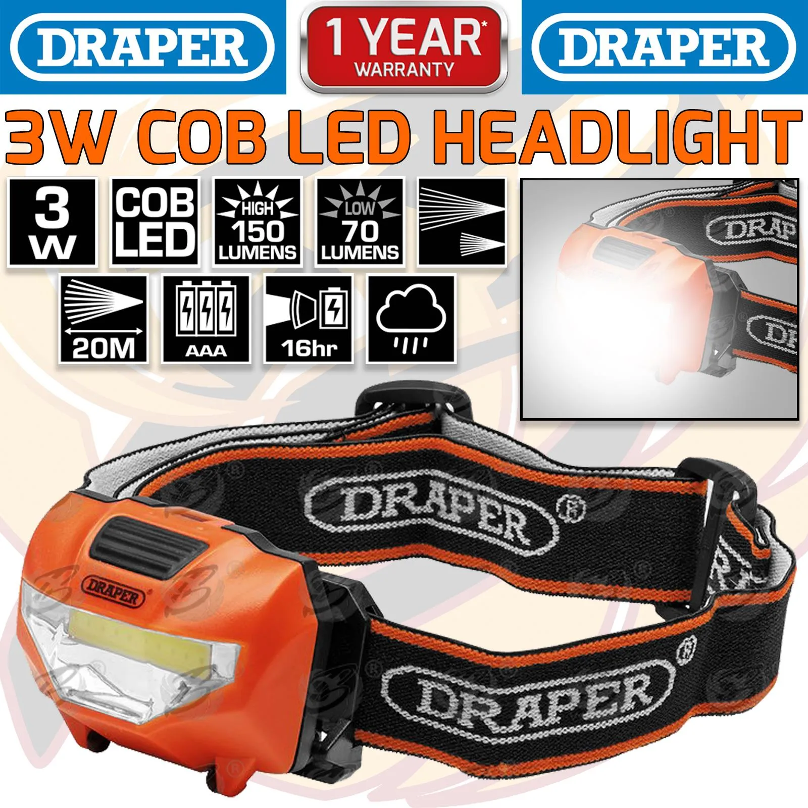 DRAPER COB LED HEADLIGHT ( ORANGE )
