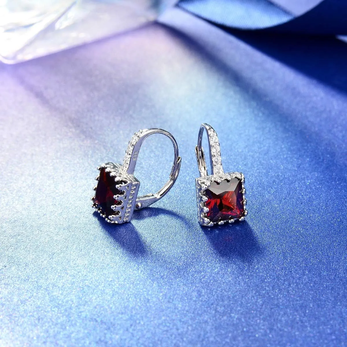 Garnet Princess Cut 925 Silver Earrings for Women