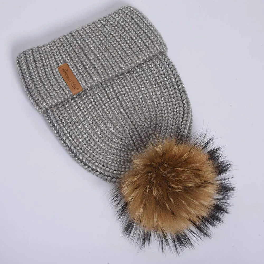 Ladies Winter Beanie Knitted Hat with Real Raccoon Fur Pom Pom Caps Grey