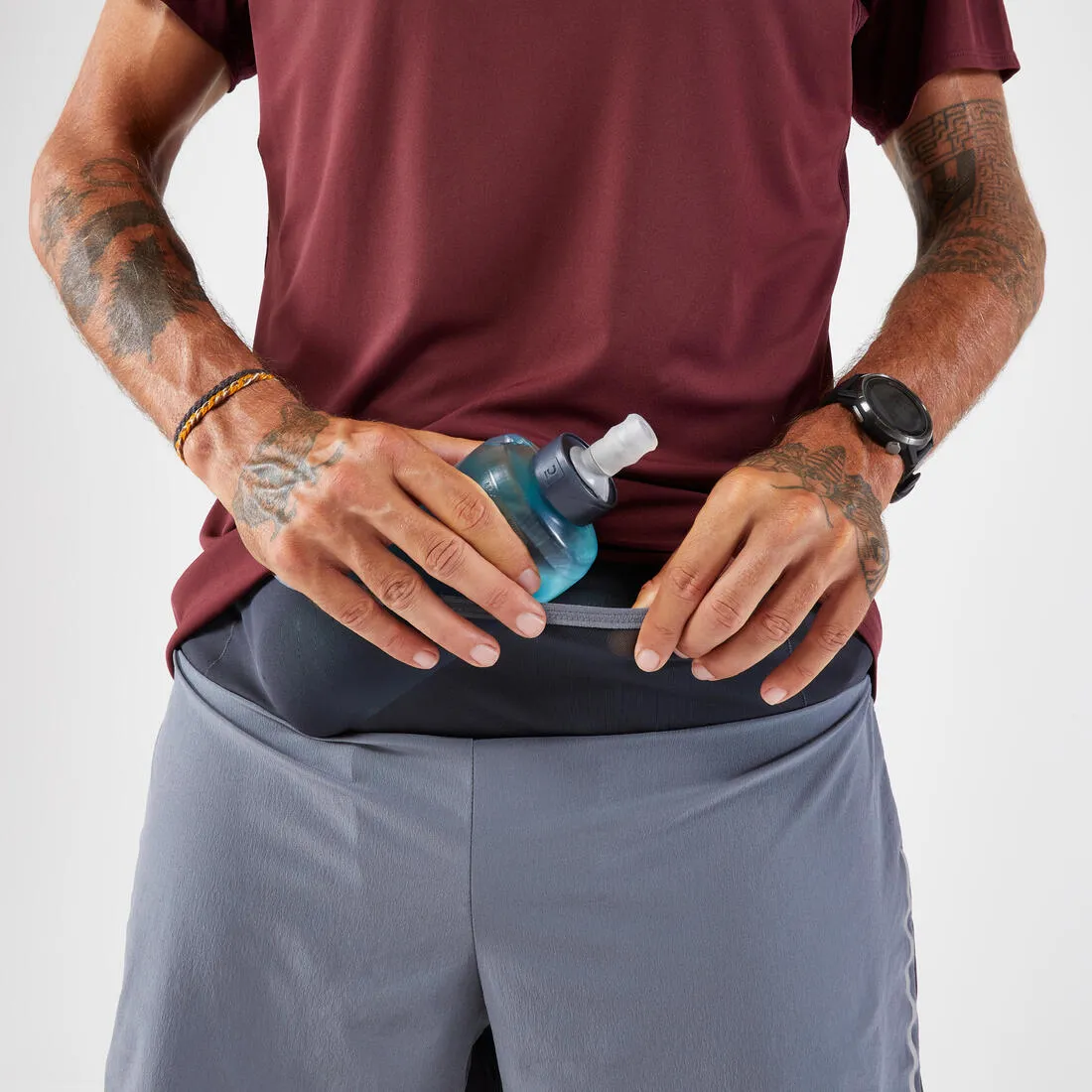 Short 2en1 de running trail longue distance homme - kiprun run ultra 900 gris