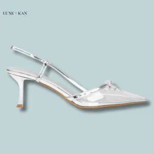 SIMMI SHOES SLOANNE CLEAR SILVER LOW HEEL COURT SHOES