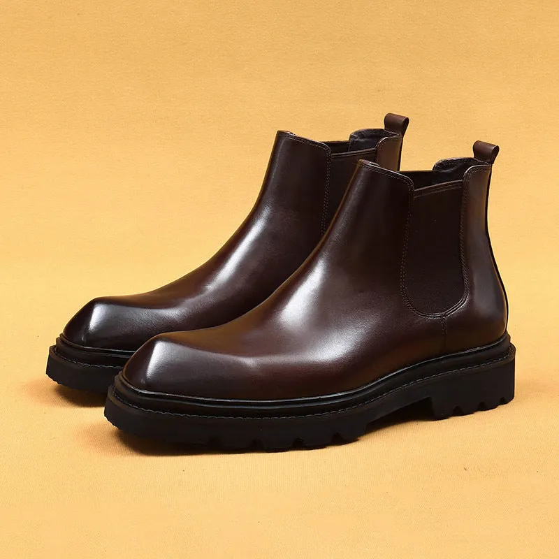 Top Layer Cowhide Men's Leather Shoes Chelsea Boots Men's Thick Bottom British Ankle Boots Genuine Leather Inner Special-Shaped High-Top Shoes86211