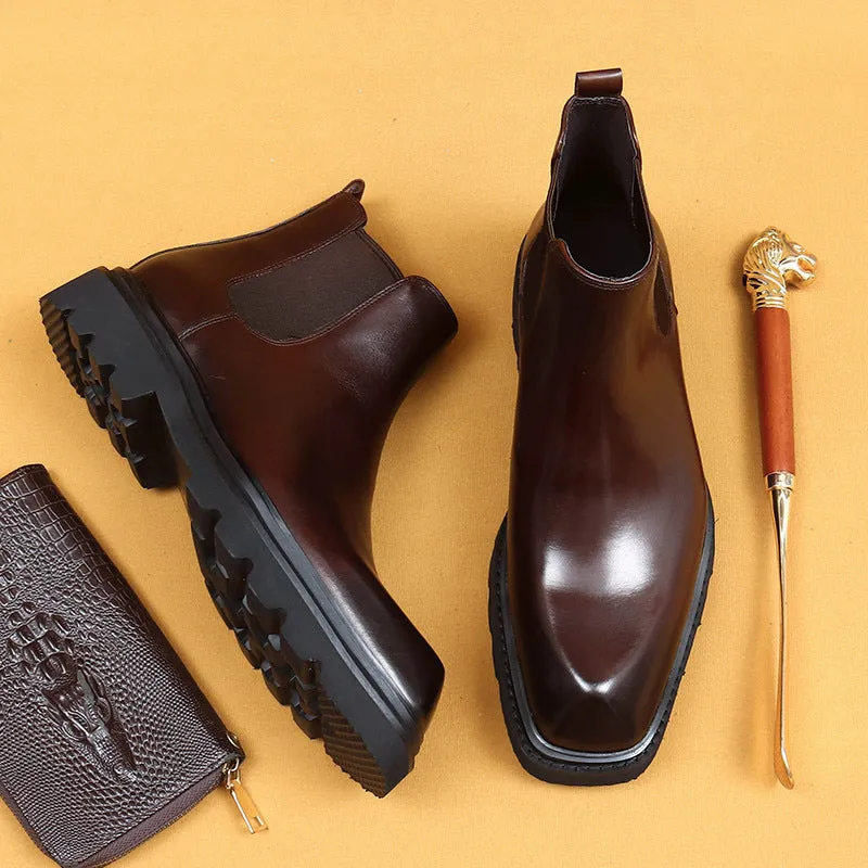 Top Layer Cowhide Men's Leather Shoes Chelsea Boots Men's Thick Bottom British Ankle Boots Genuine Leather Inner Special-Shaped High-Top Shoes86211