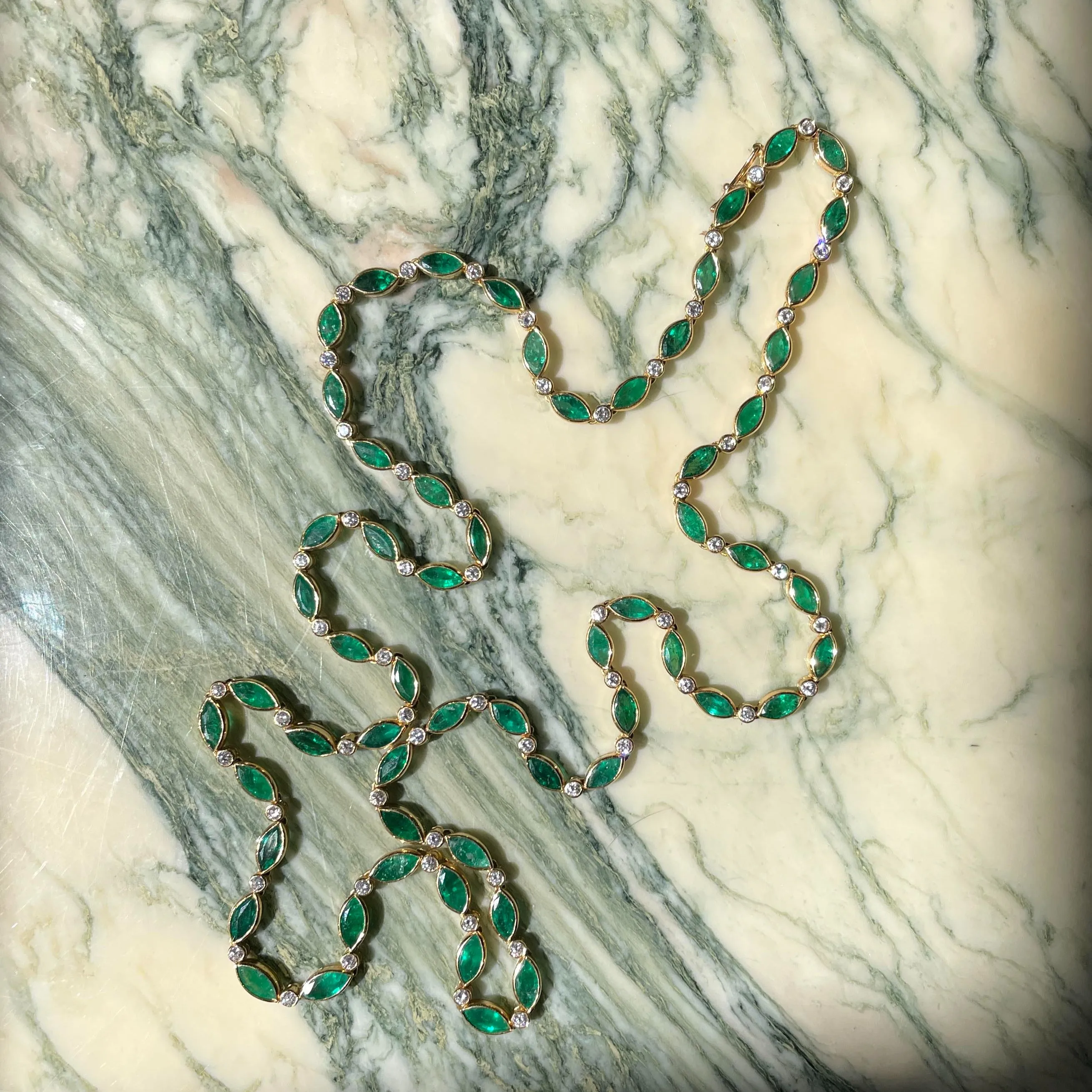 Vintage 18k Emerald   Diamond Tennis Necklace