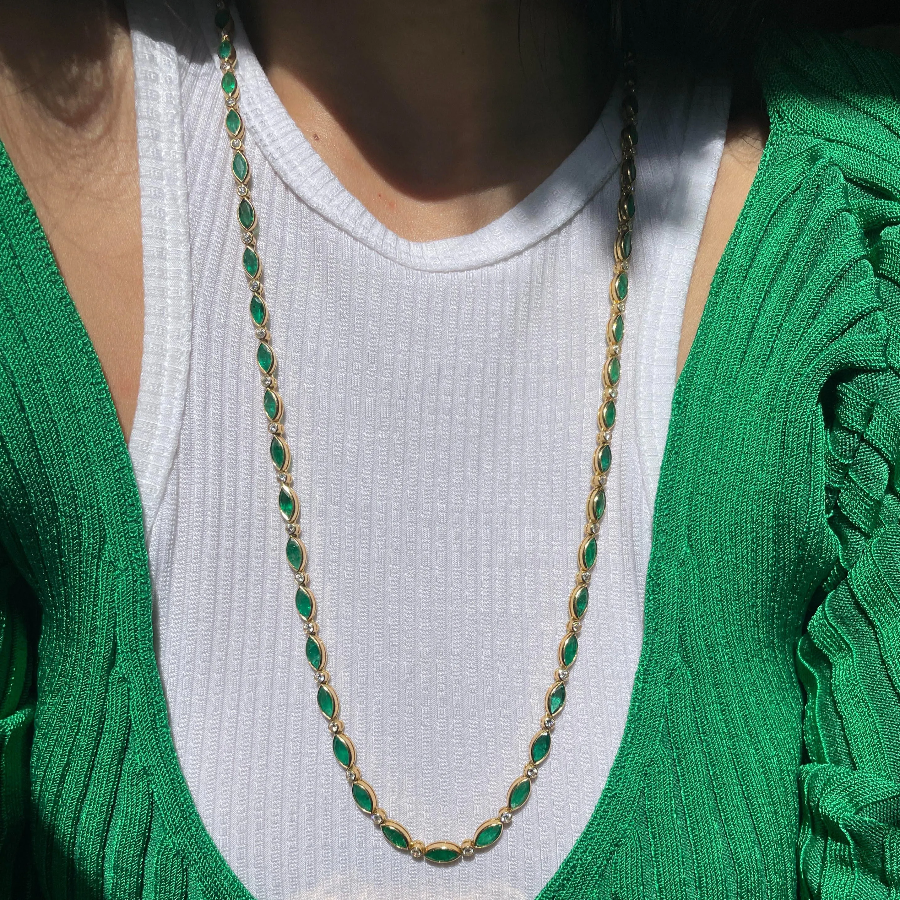 Vintage 18k Emerald   Diamond Tennis Necklace