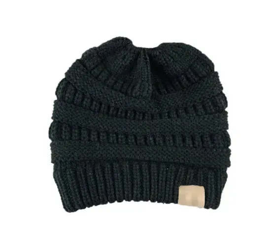 Winter Women's Knitted Beanie Cap with Top Hole - Thick Skullies Knit Beanie Hat