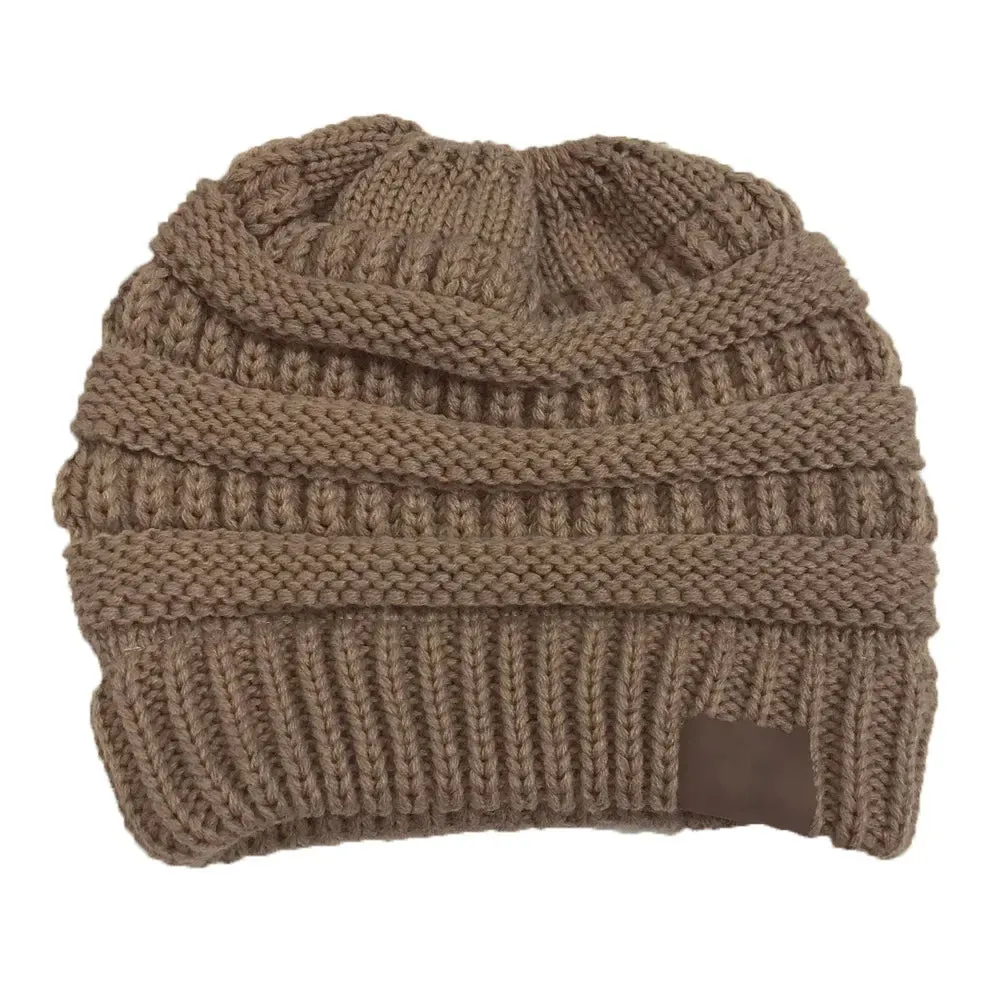 Winter Women's Knitted Beanie Cap with Top Hole - Thick Skullies Knit Beanie Hat