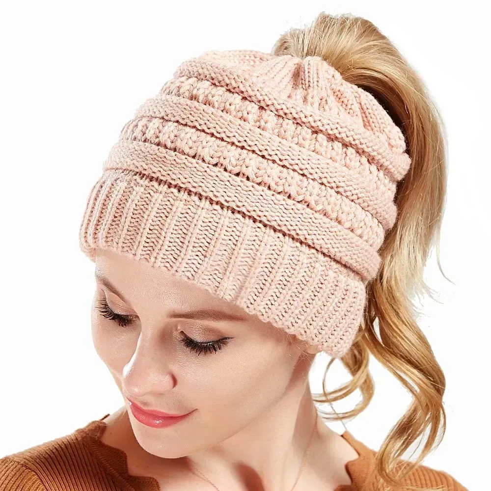 Winter Women's Knitted Beanie Cap with Top Hole - Thick Skullies Knit Beanie Hat