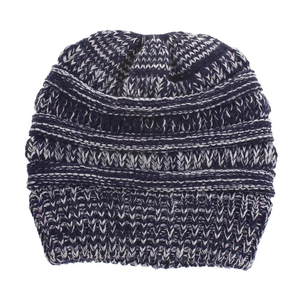Winter Women's Knitted Beanie Cap with Top Hole - Thick Skullies Knit Beanie Hat