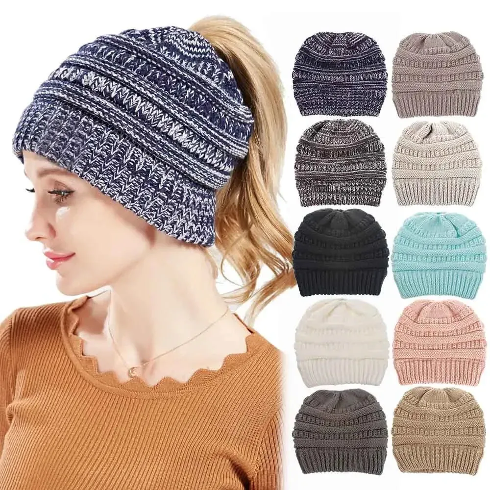 Winter Women's Knitted Beanie Cap with Top Hole - Thick Skullies Knit Beanie Hat