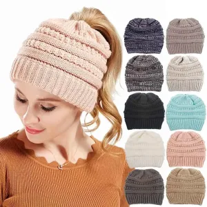 Winter Women's Knitted Beanie Cap with Top Hole - Thick Skullies Knit Beanie Hat