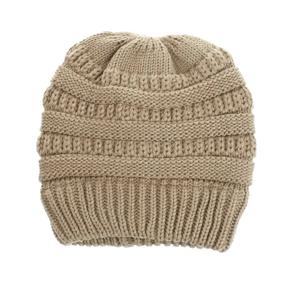Winter Women's Knitted Beanie Cap with Top Hole - Thick Skullies Knit Beanie Hat