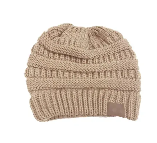 Winter Women's Knitted Beanie Cap with Top Hole - Thick Skullies Knit Beanie Hat