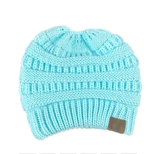 Winter Women's Knitted Beanie Cap with Top Hole - Thick Skullies Knit Beanie Hat