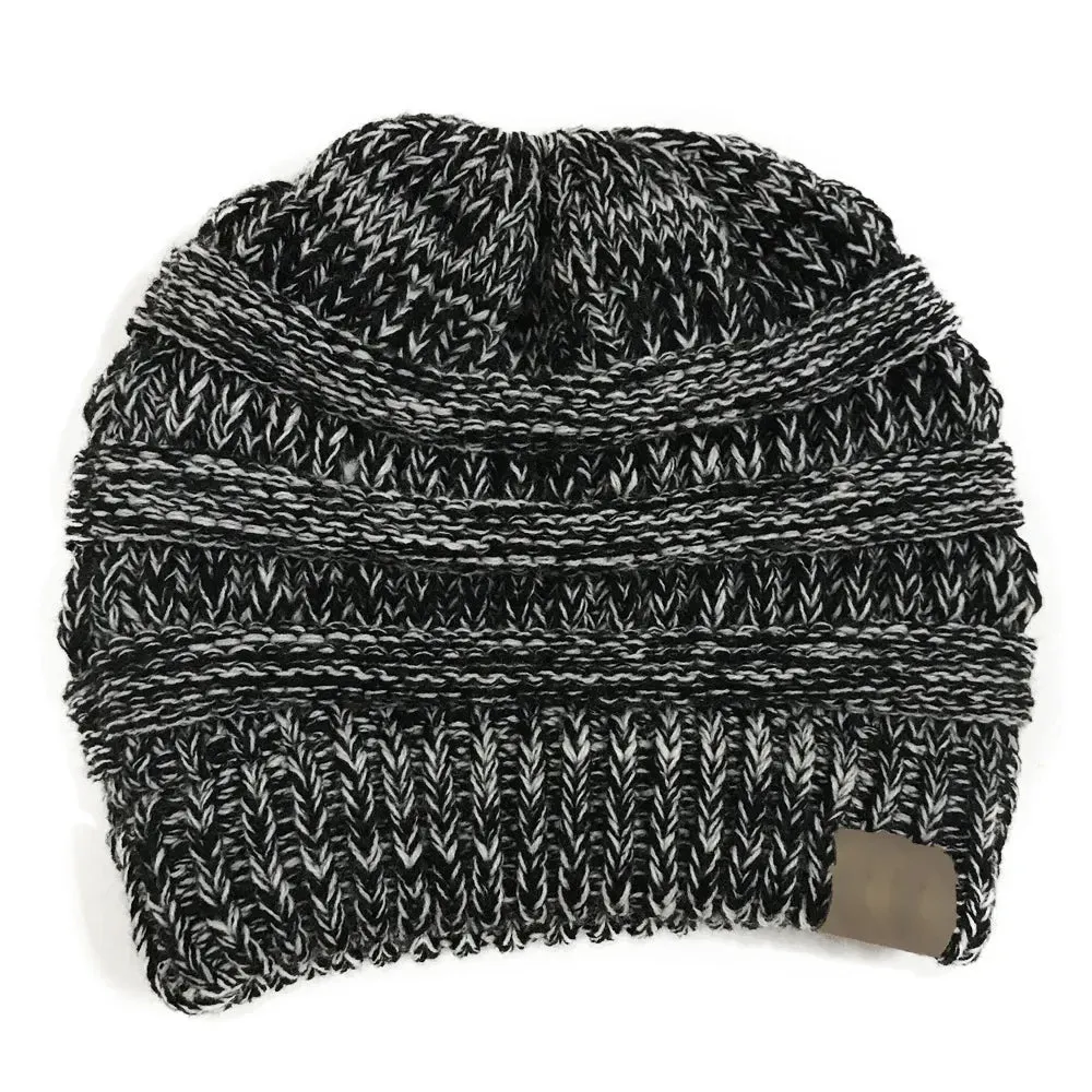 Winter Women's Knitted Beanie Cap with Top Hole - Thick Skullies Knit Beanie Hat