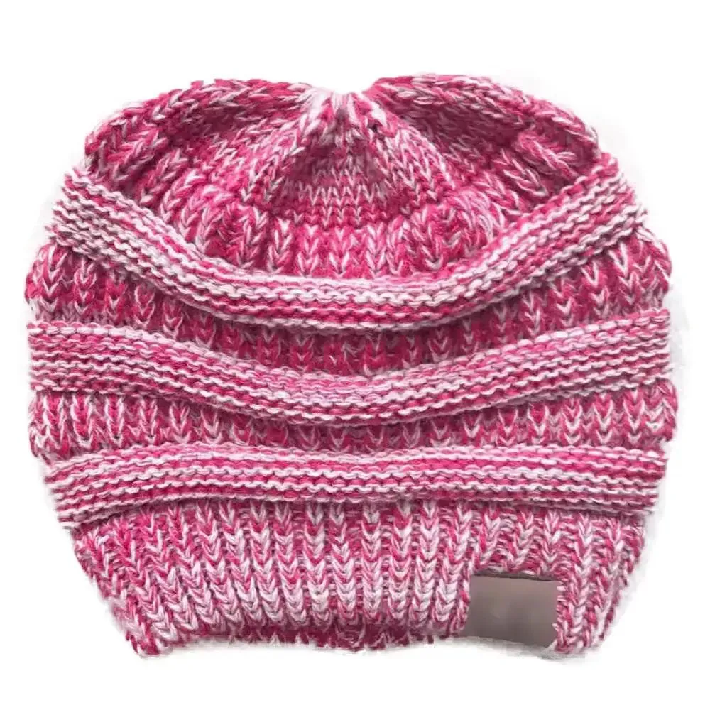 Winter Women's Knitted Beanie Cap with Top Hole - Thick Skullies Knit Beanie Hat